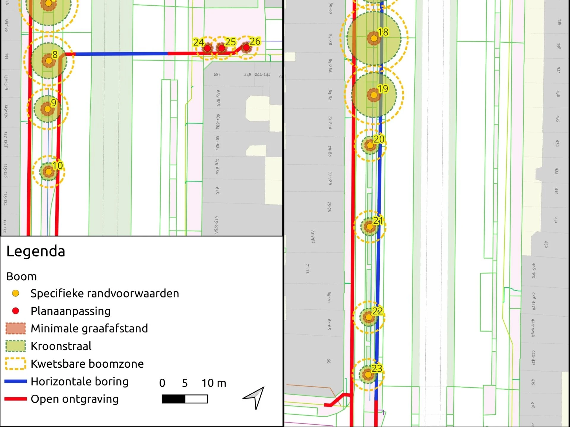Tekening van bomen effect analyse met kabeltrac&eacute; en boomzones langs gasleiding aan de Koningin Emmakade in Den Haag